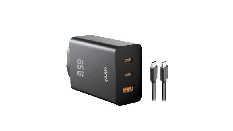 CARGADOR NETMAK TRIPLE 65W GAN CON CABLE 