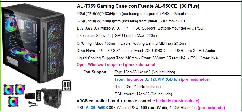 GABINETE ALUNA AL-T359 GAMER CON FUENTE 500W 80+P